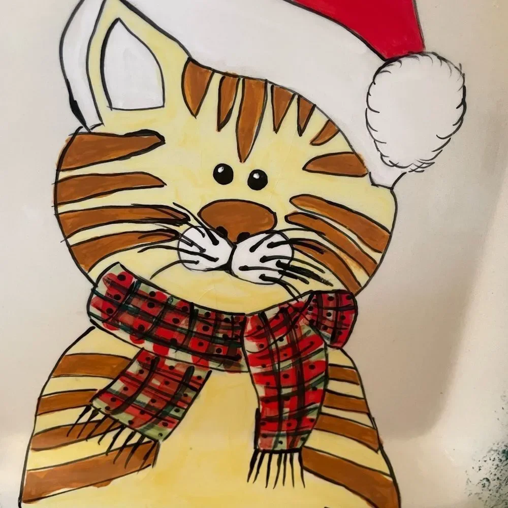 Ceramic Large Vintage Orange Cat Santa Serving Platter 13x13!